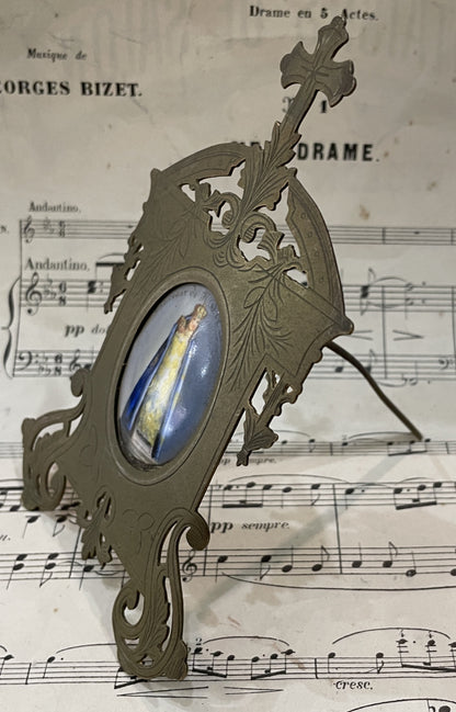 Antique French Hand Painted Porcelain Our Lady of Deliverance Stand c1900