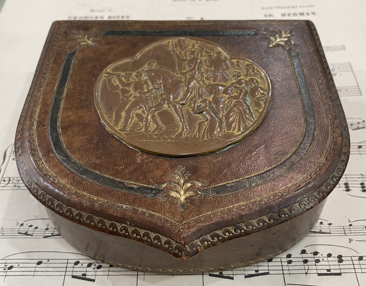 Rare Antique French Joan of Arc Bronze and Leather Jewelry Box Signed Lenoir c1920