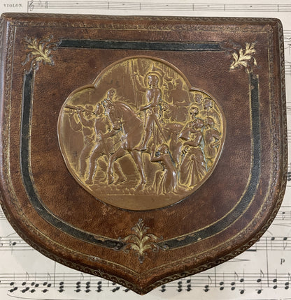Rare Antique French Joan of Arc Bronze and Leather Jewelry Box Signed Lenoir c1920