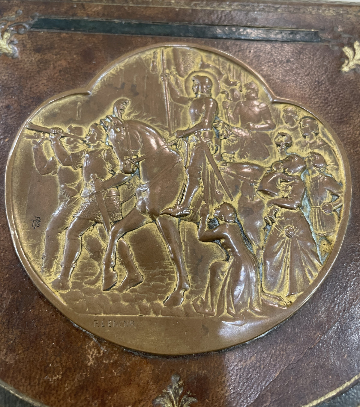 Rare Antique French Joan of Arc Bronze and Leather Jewelry Box Signed Lenoir c1920