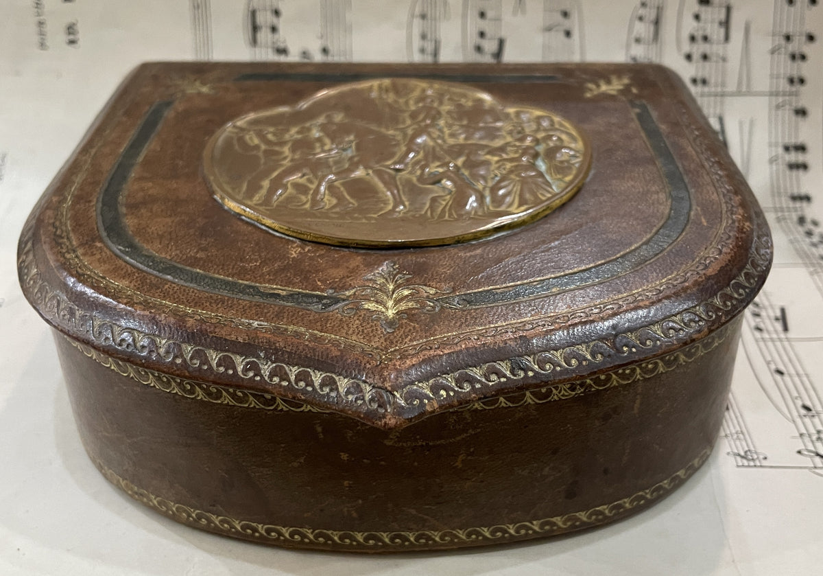 Rare Antique French Joan of Arc Bronze and Leather Jewelry Box Signed Lenoir c1920