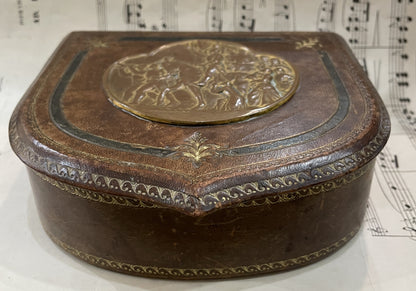 Rare Antique French Joan of Arc Bronze and Leather Jewelry Box Signed Lenoir c1920