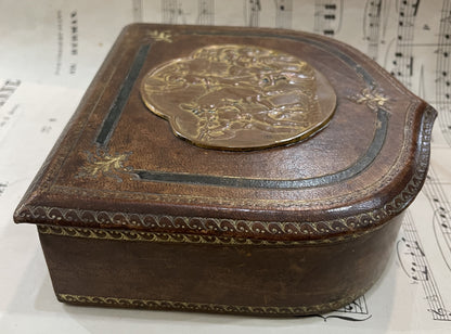 Rare Antique French Joan of Arc Bronze and Leather Jewelry Box Signed Lenoir c1920