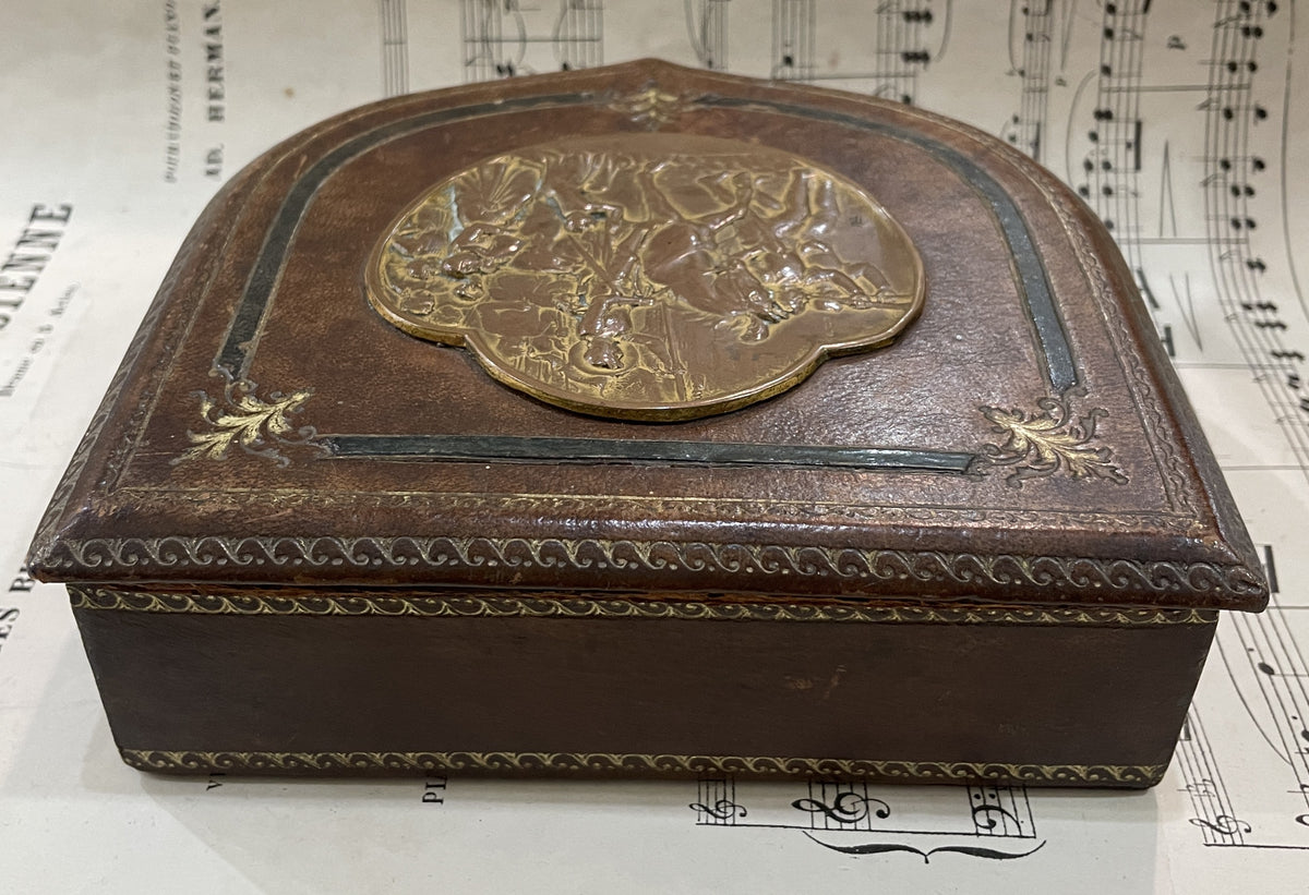 Rare Antique French Joan of Arc Bronze and Leather Jewelry Box Signed Lenoir c1920