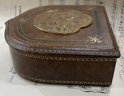 Rare Antique French Joan of Arc Bronze and Leather Jewelry Box Signed Lenoir c1920
