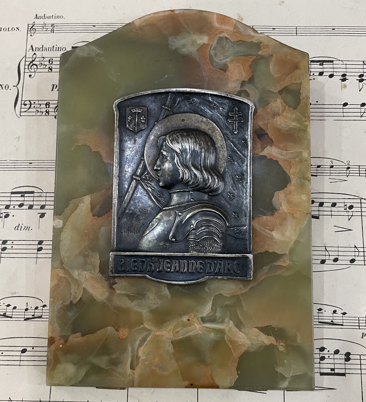 Rare Antique French Joan of Arc Religious Onyx Plaque Signed L. de Helly c1920