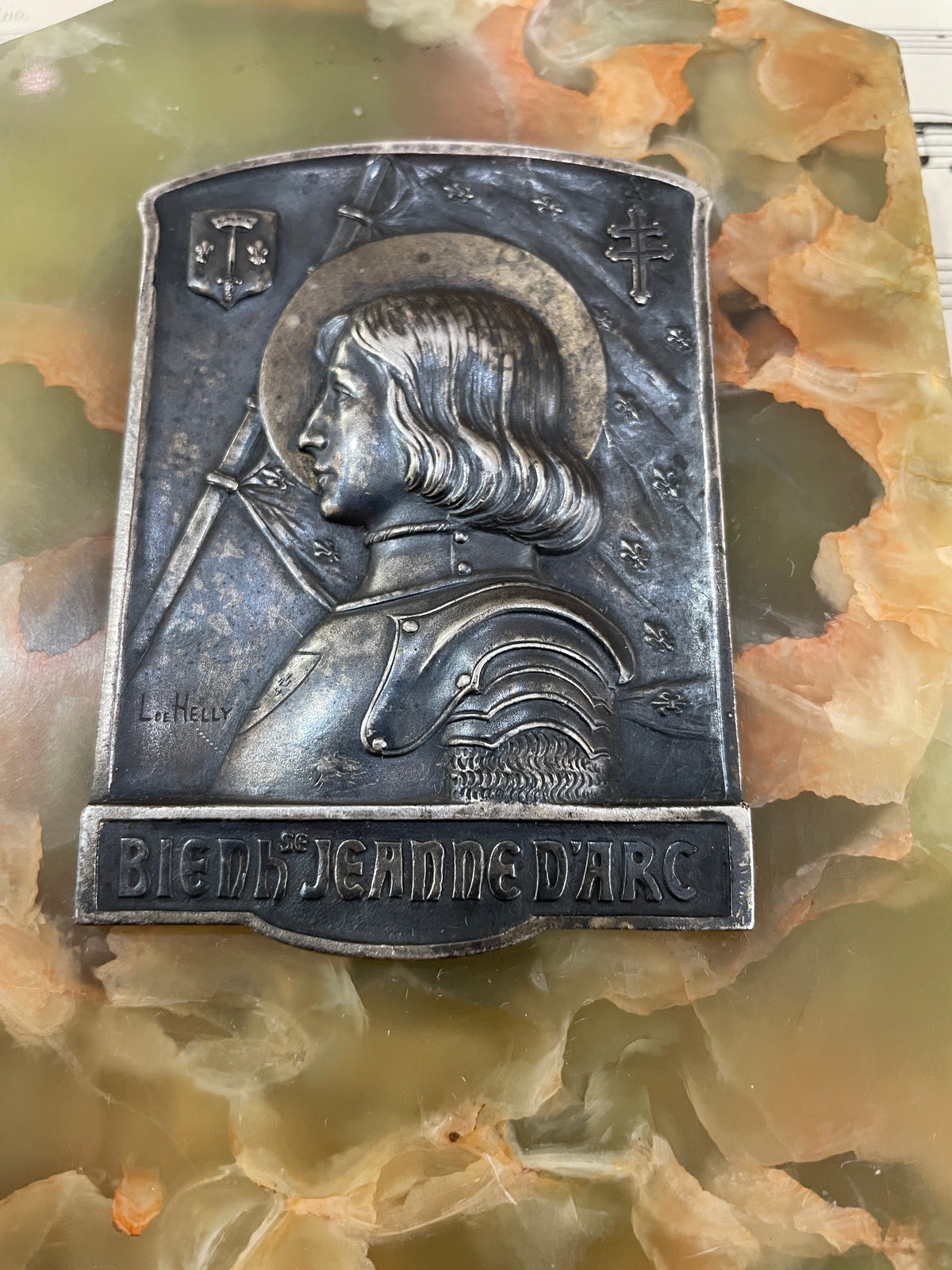 Rare Antique French Joan of Arc Religious Onyx Plaque Signed L. de Helly c1920