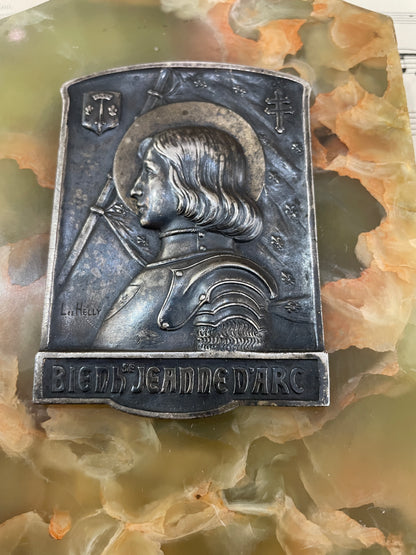 Rare Antique French Joan of Arc Religious Onyx Plaque Signed L. de Helly c1920