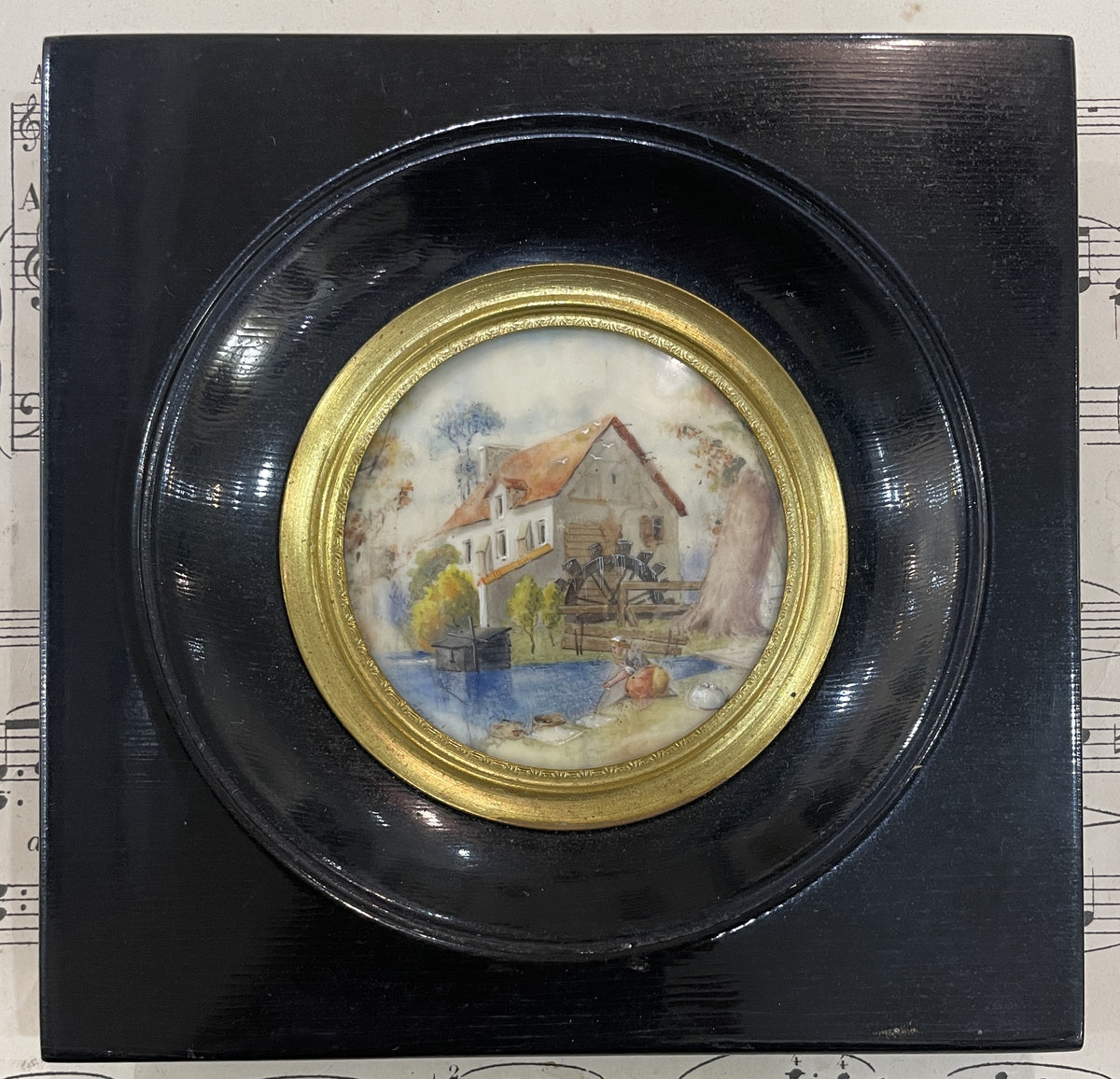 Antique French Miniature Landscape Watermill Wooden Frame Domed Glass after Boucher c1900