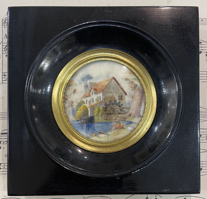 Antique French Miniature Landscape Watermill Wooden Frame Domed Glass after Boucher c1900