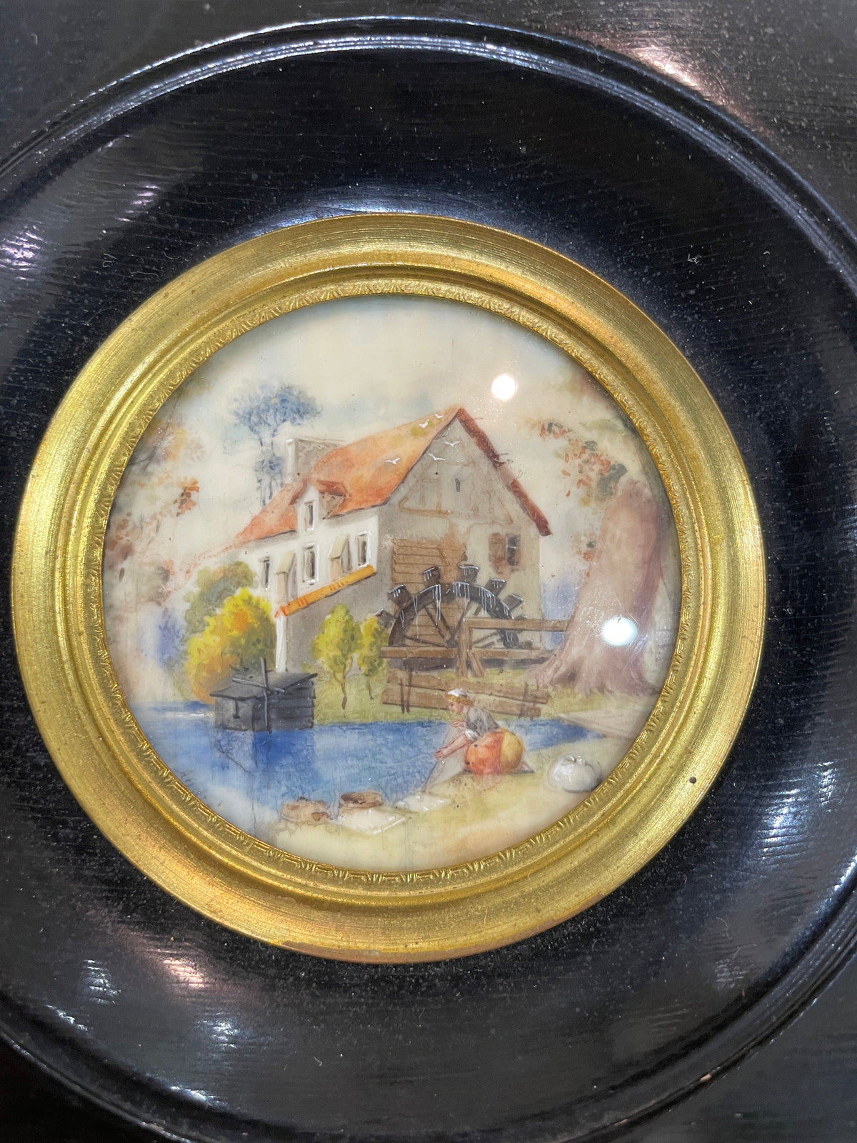 Antique French Miniature Landscape Watermill Wooden Frame Domed Glass after Boucher c1900