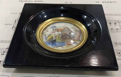 Antique French Miniature Landscape Watermill Wooden Frame Domed Glass after Boucher c1900