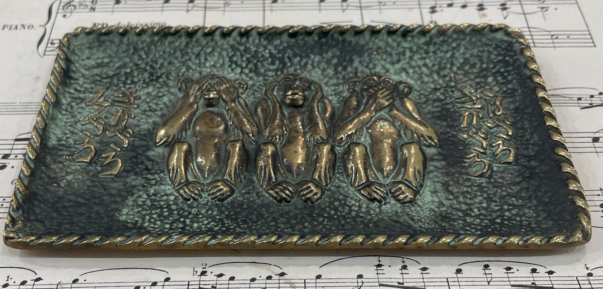 Antique French Max LeVerrier Bronze Tray Chinese Monkeys Happiness Secret c1940