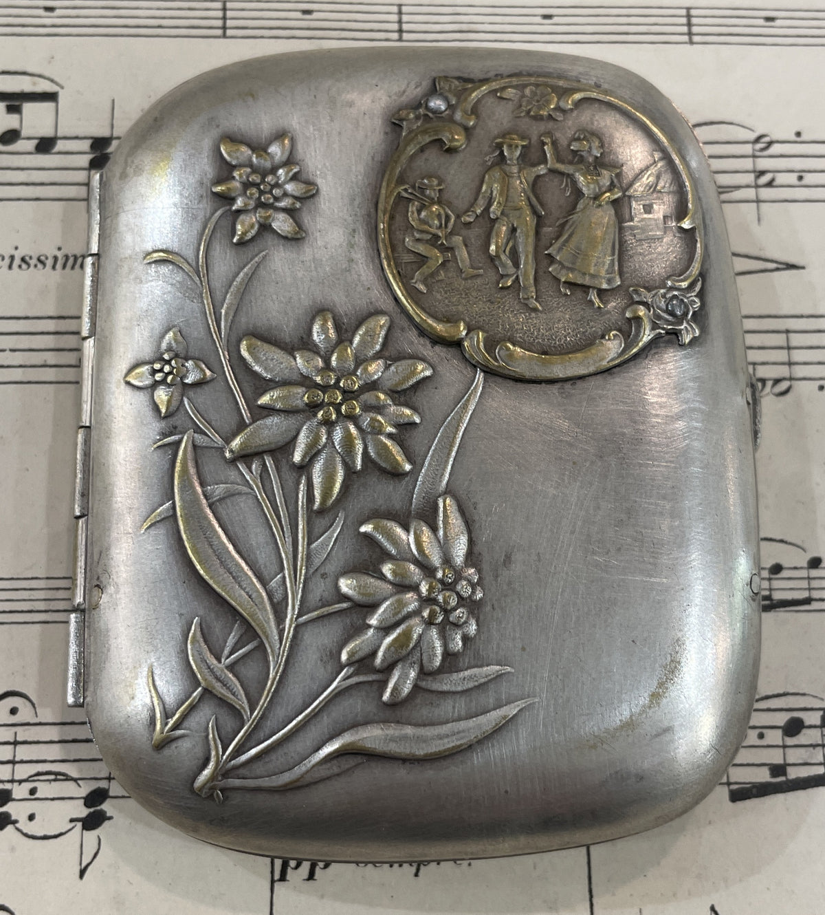 Antique French Art Nouveau Silver Plated Cigarette Case Edelweiss Dance c1900