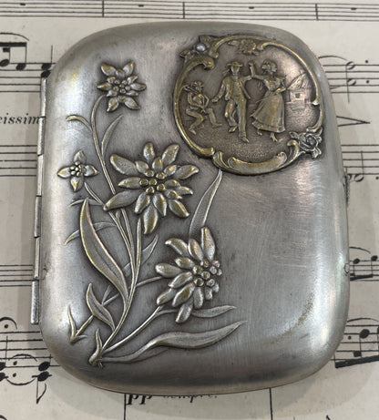 Antique French Art Nouveau Silver Plated Cigarette Case Edelweiss Dance c1900