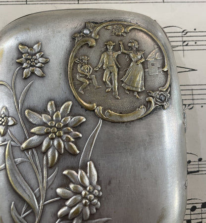 Antique French Art Nouveau Silver Plated Cigarette Case Edelweiss Dance c1900