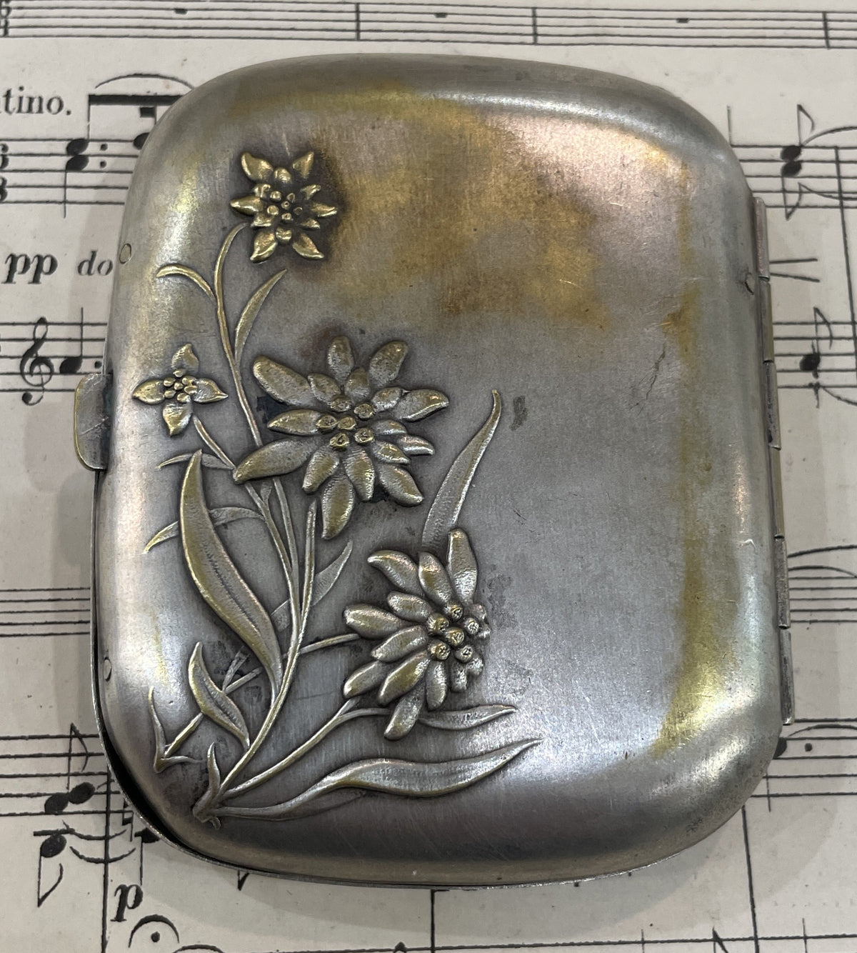 Antique French Art Nouveau Silver Plated Cigarette Case Edelweiss Dance c1900