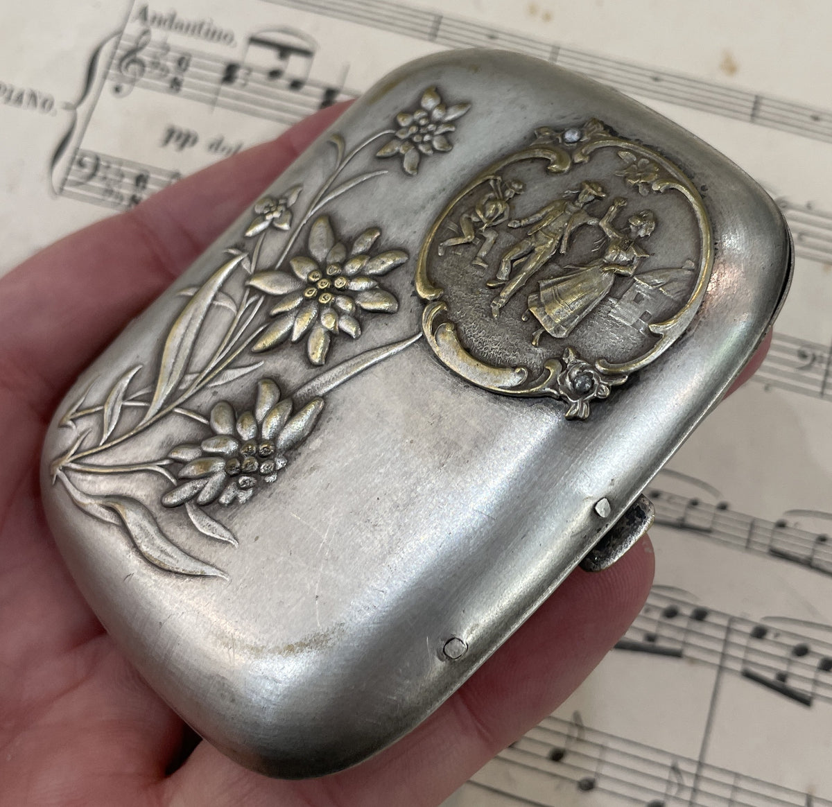 Antique French Art Nouveau Silver Plated Cigarette Case Edelweiss Dance c1900