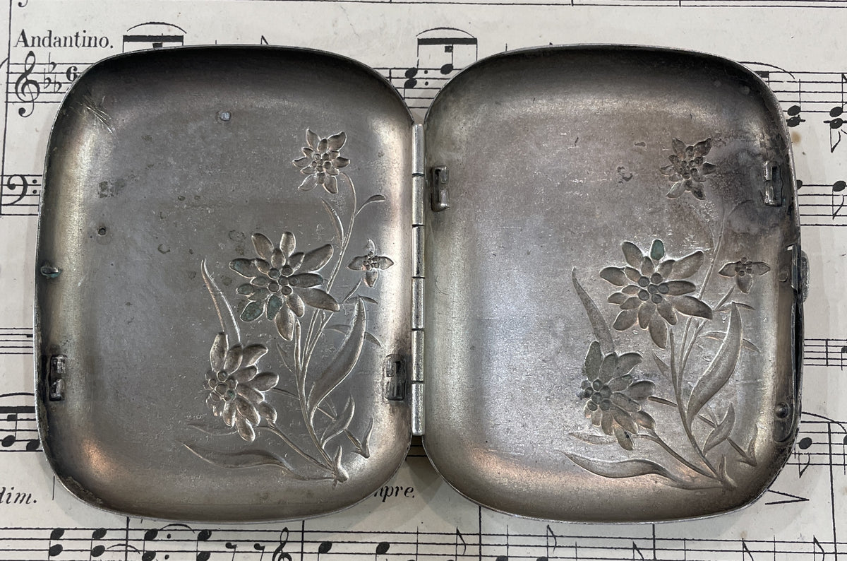 Antique French Art Nouveau Silver Plated Cigarette Case Edelweiss Dance c1900