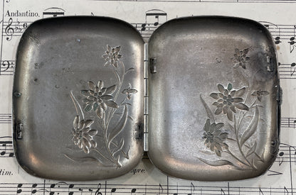 Antique French Art Nouveau Silver Plated Cigarette Case Edelweiss Dance c1900