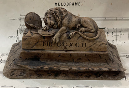 Rare Antique French Carved Wood Inkwell Lion of Lucerne c1880