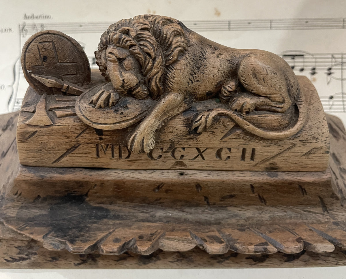 Rare Antique French Carved Wood Inkwell Lion of Lucerne c1880