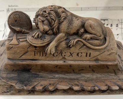 Rare Antique French Carved Wood Inkwell Lion of Lucerne c1880
