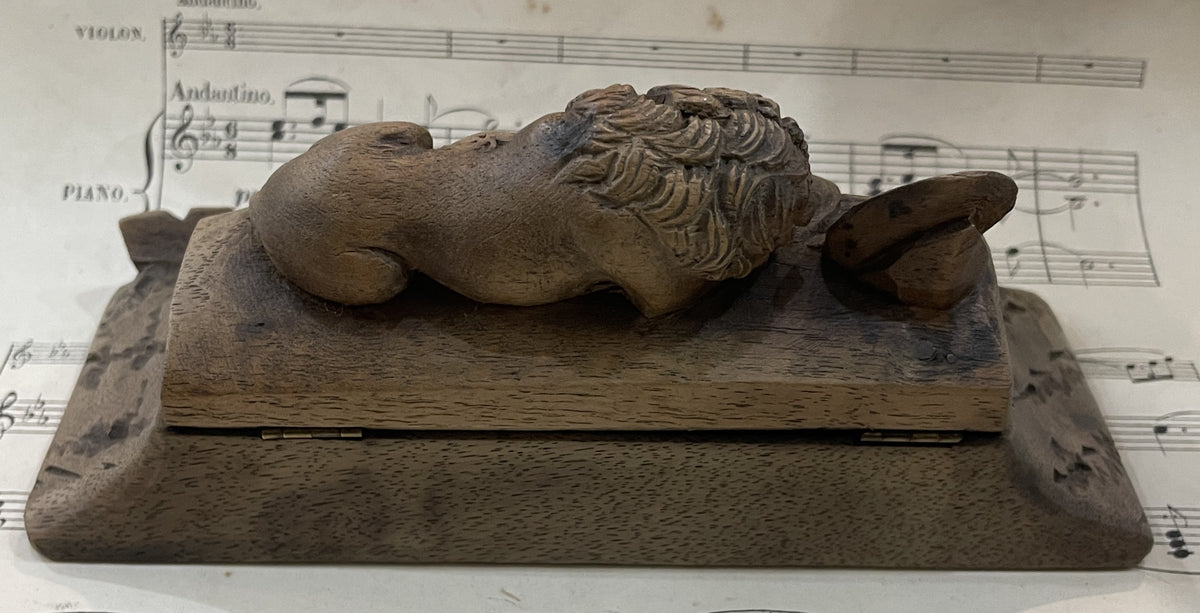 Rare Antique French Carved Wood Inkwell Lion of Lucerne c1880