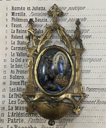 Antique French Apparition of Lourdes Hand Painted Porcelain Holy Water Font c1900