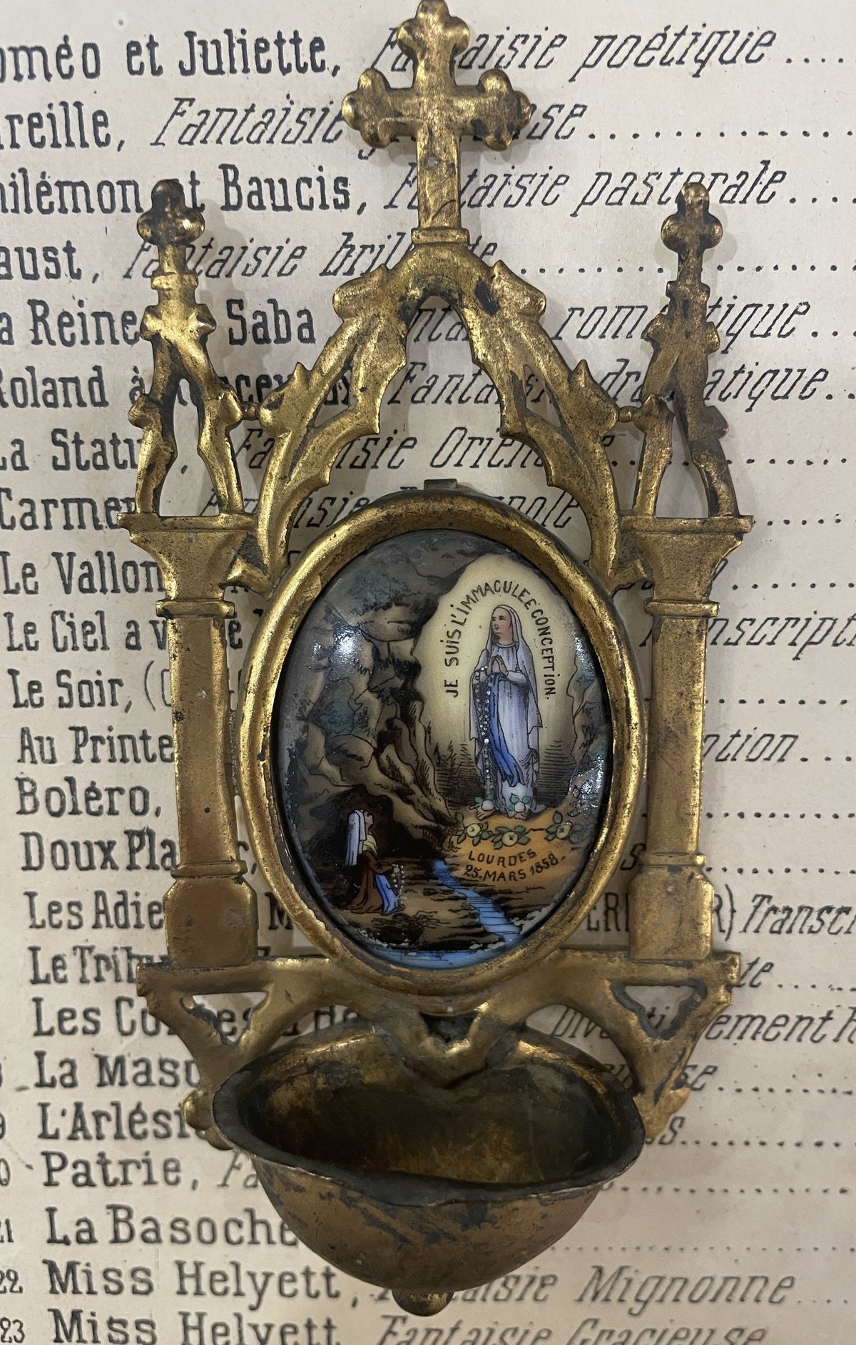 Antique French Apparition of Lourdes Hand Painted Porcelain Holy Water Font c1900