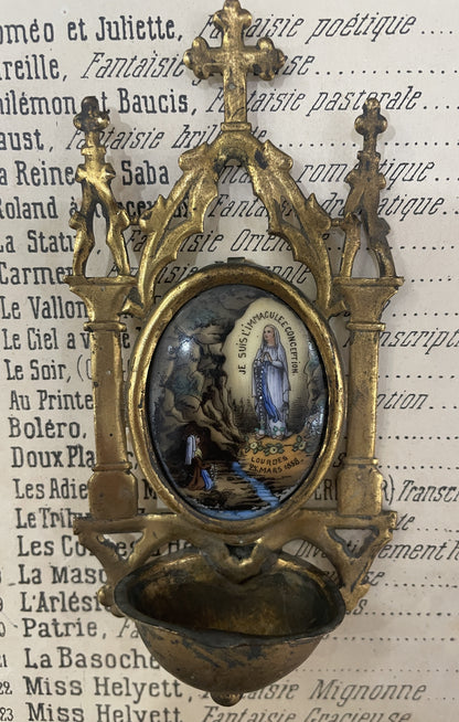 Antique French Apparition of Lourdes Hand Painted Porcelain Holy Water Font c1900
