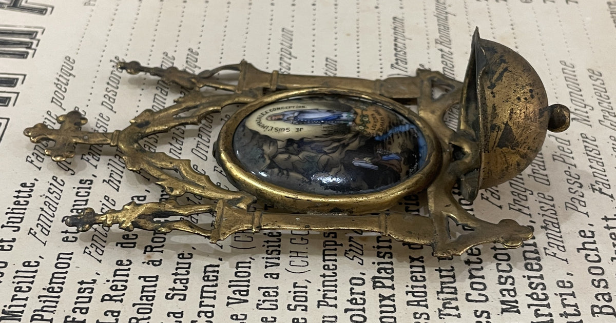 Antique French Apparition of Lourdes Hand Painted Porcelain Holy Water Font c1900
