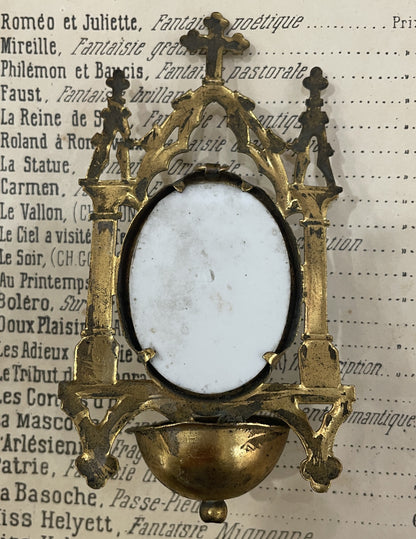 Antique French Apparition of Lourdes Hand Painted Porcelain Holy Water Font c1900
