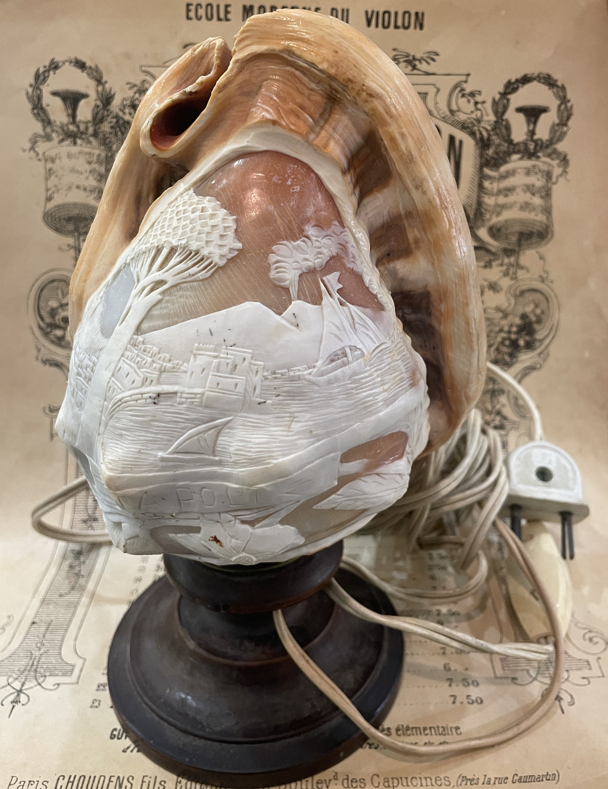 Rare Antique Italian Carved Shell Cameo Lamp Landscape Volcano Napoli c1940