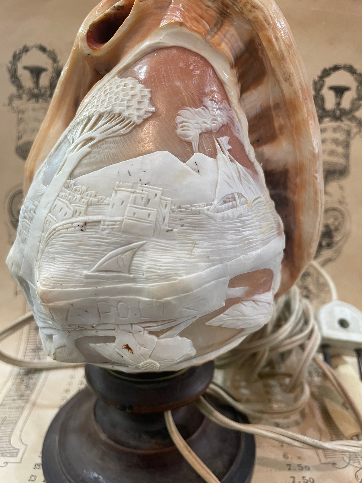 Rare Antique Italian Carved Shell Cameo Lamp Landscape Volcano Napoli c1940