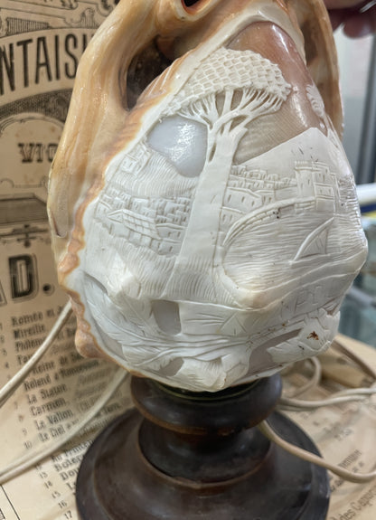 Rare Antique Italian Carved Shell Cameo Lamp Landscape Volcano Napoli c1940