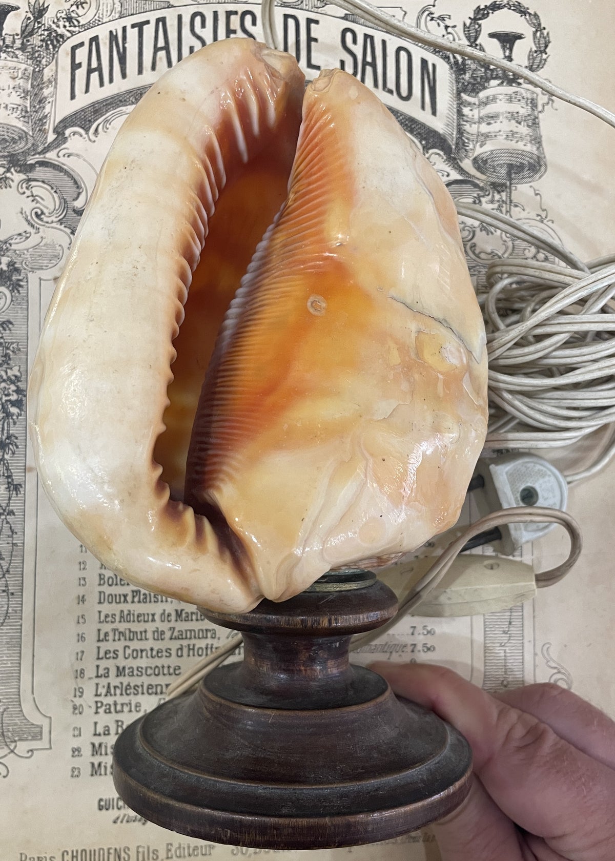 Rare Antique Italian Carved Shell Cameo Lamp Landscape Volcano Napoli c1940