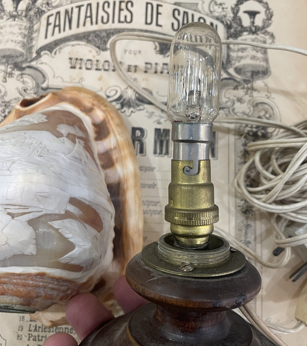Rare Antique Italian Carved Shell Cameo Lamp Landscape Volcano Napoli c1940