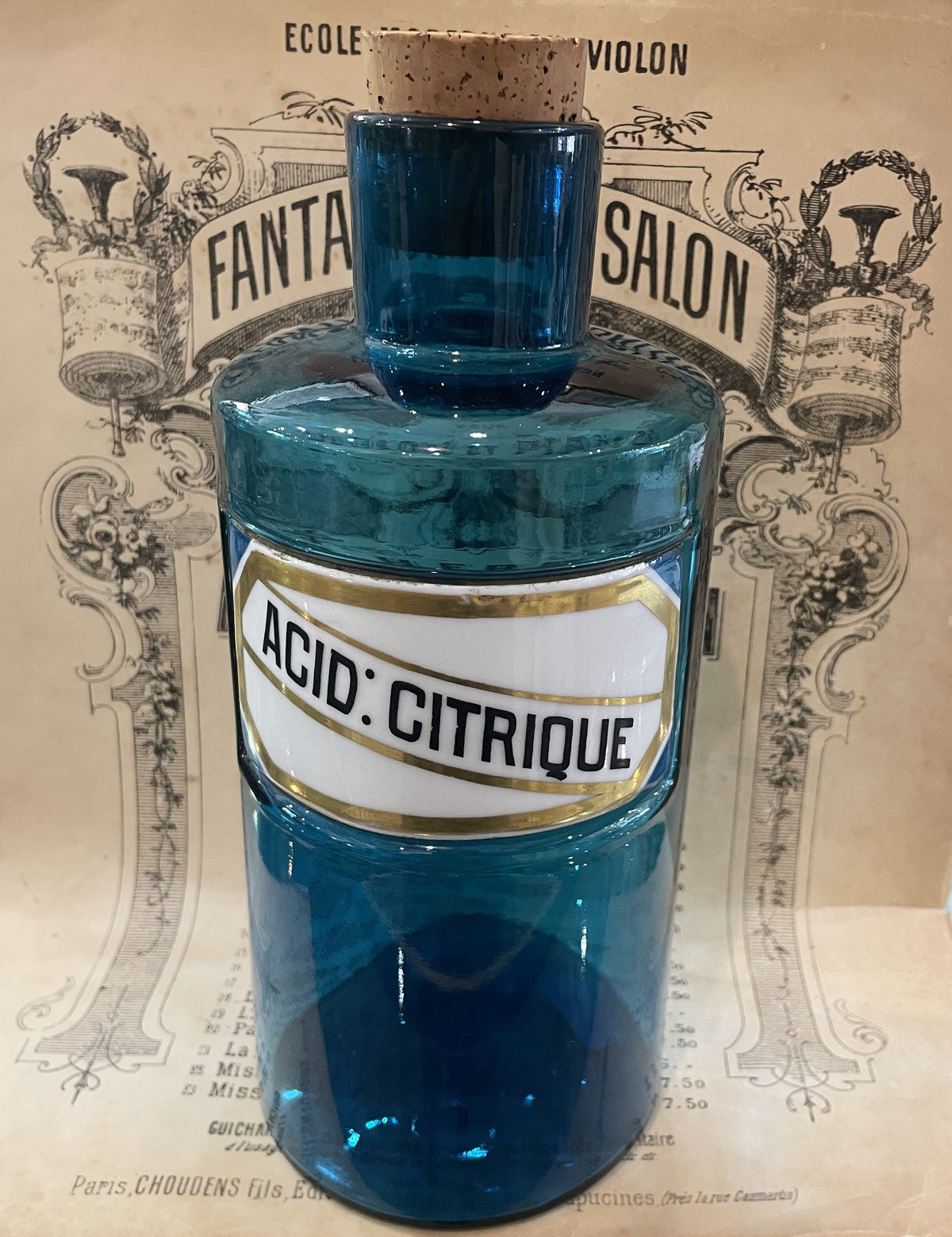 Rare Antique French Apothecary Bottle Blue Glass Citric Acid c1860