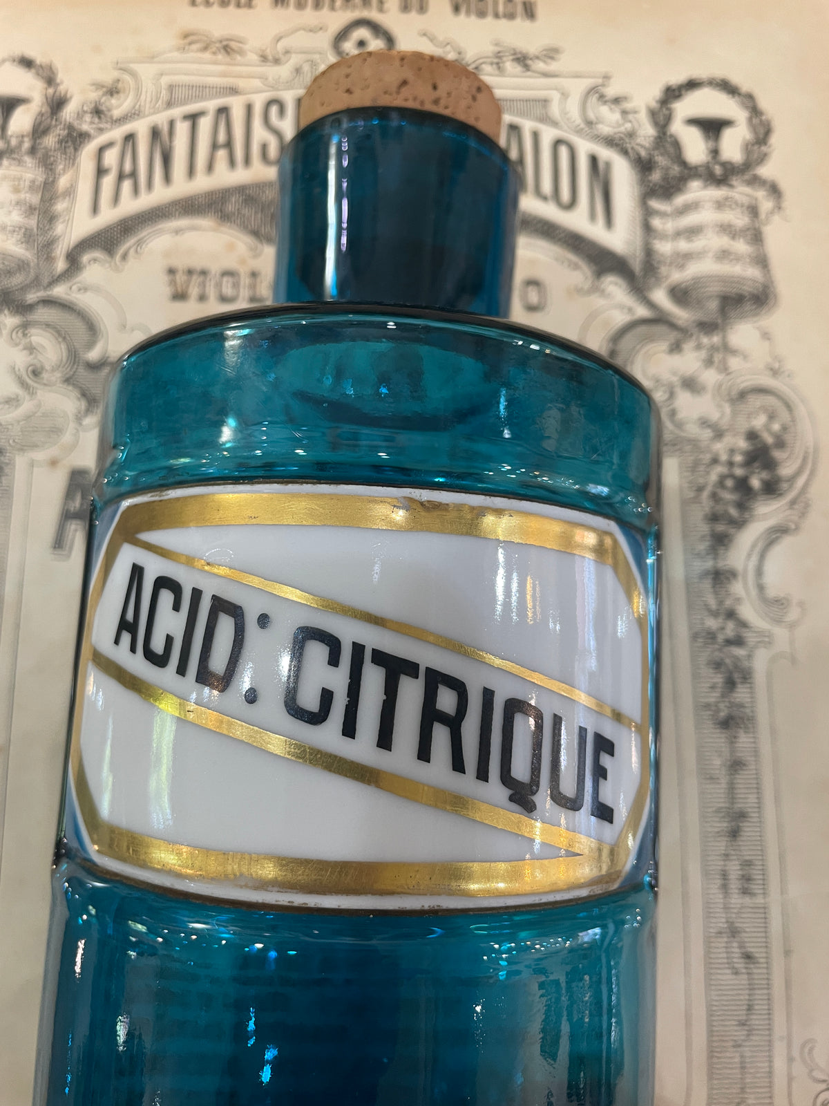Rare Antique French Apothecary Bottle Blue Glass Citric Acid c1860