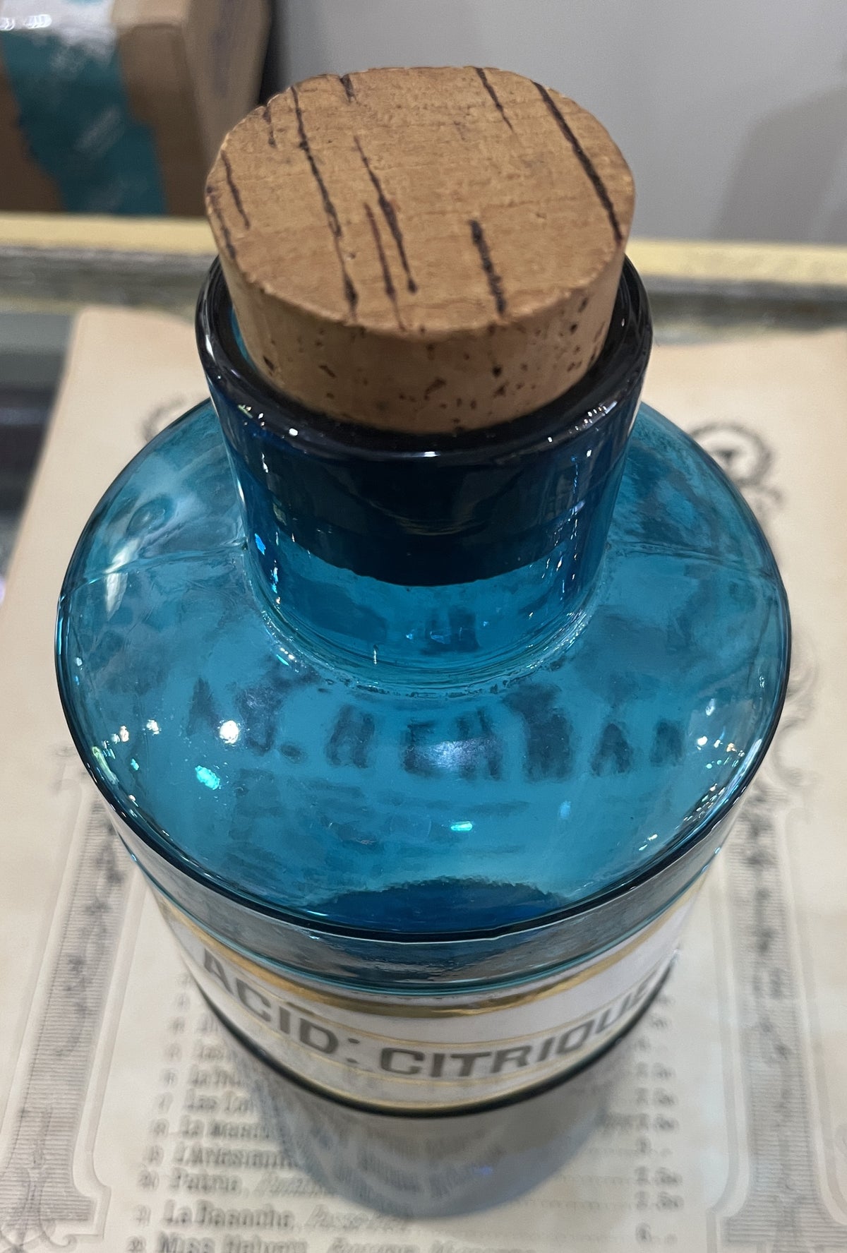 Rare Antique French Apothecary Bottle Blue Glass Citric Acid c1860