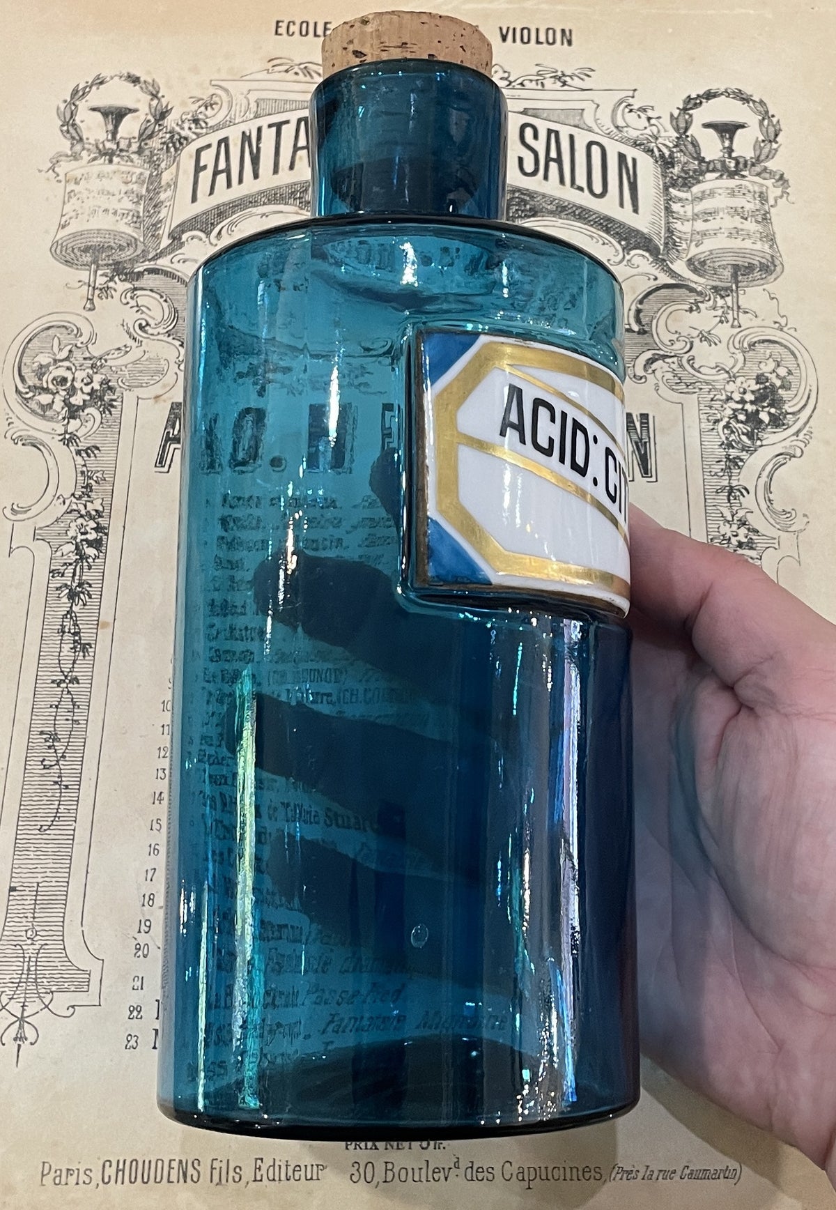 Rare Antique French Apothecary Bottle Blue Glass Citric Acid c1860