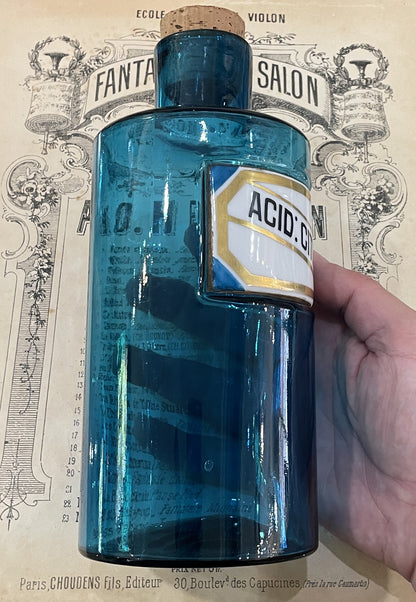 Rare Antique French Apothecary Bottle Blue Glass Citric Acid c1860