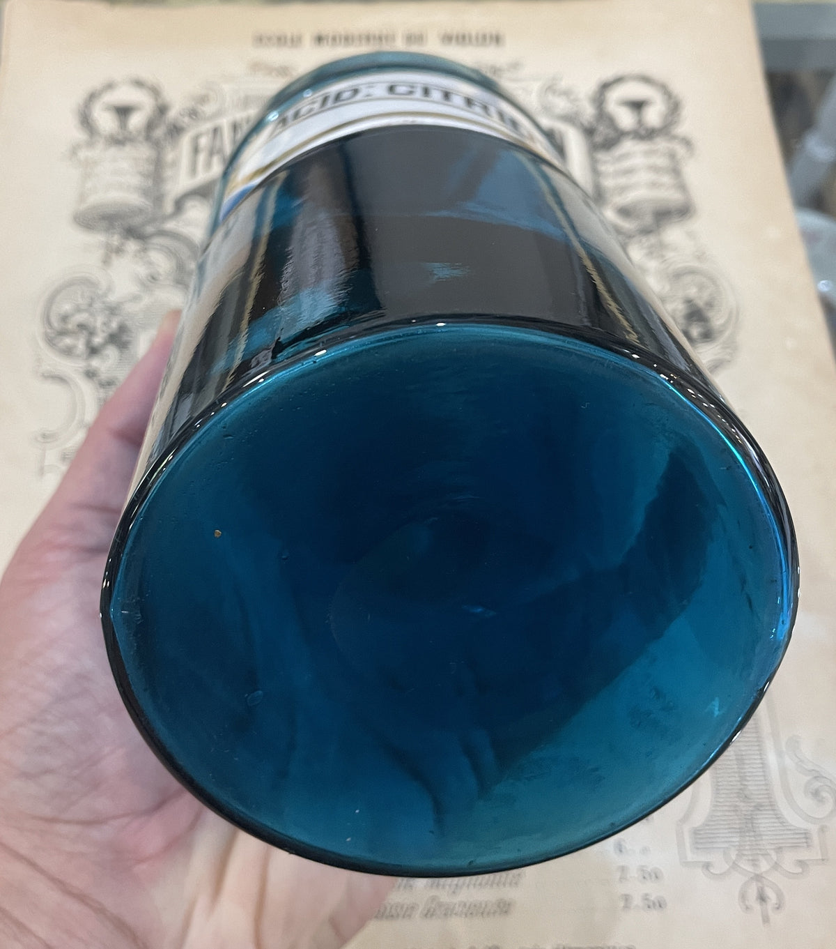 Rare Antique French Apothecary Bottle Blue Glass Citric Acid c1860