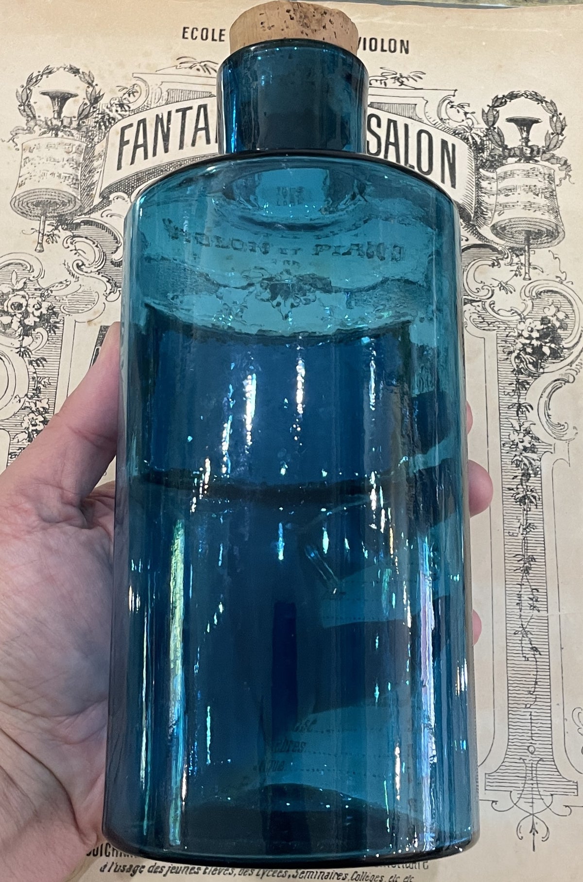 Rare Antique French Apothecary Bottle Blue Glass Citric Acid c1860