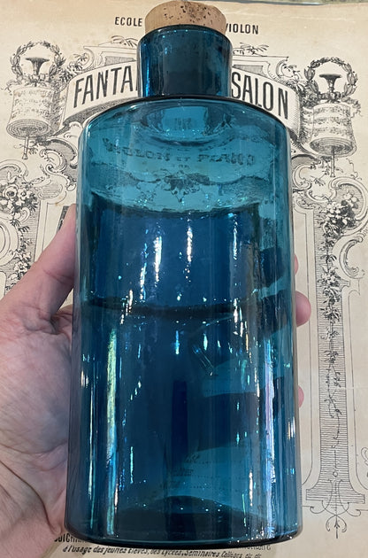 Rare Antique French Apothecary Bottle Blue Glass Citric Acid c1860