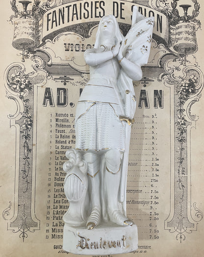 Rare Antique French St Joan of Arc Biscuit Porcelain Statue Dieu Le Veut c1920