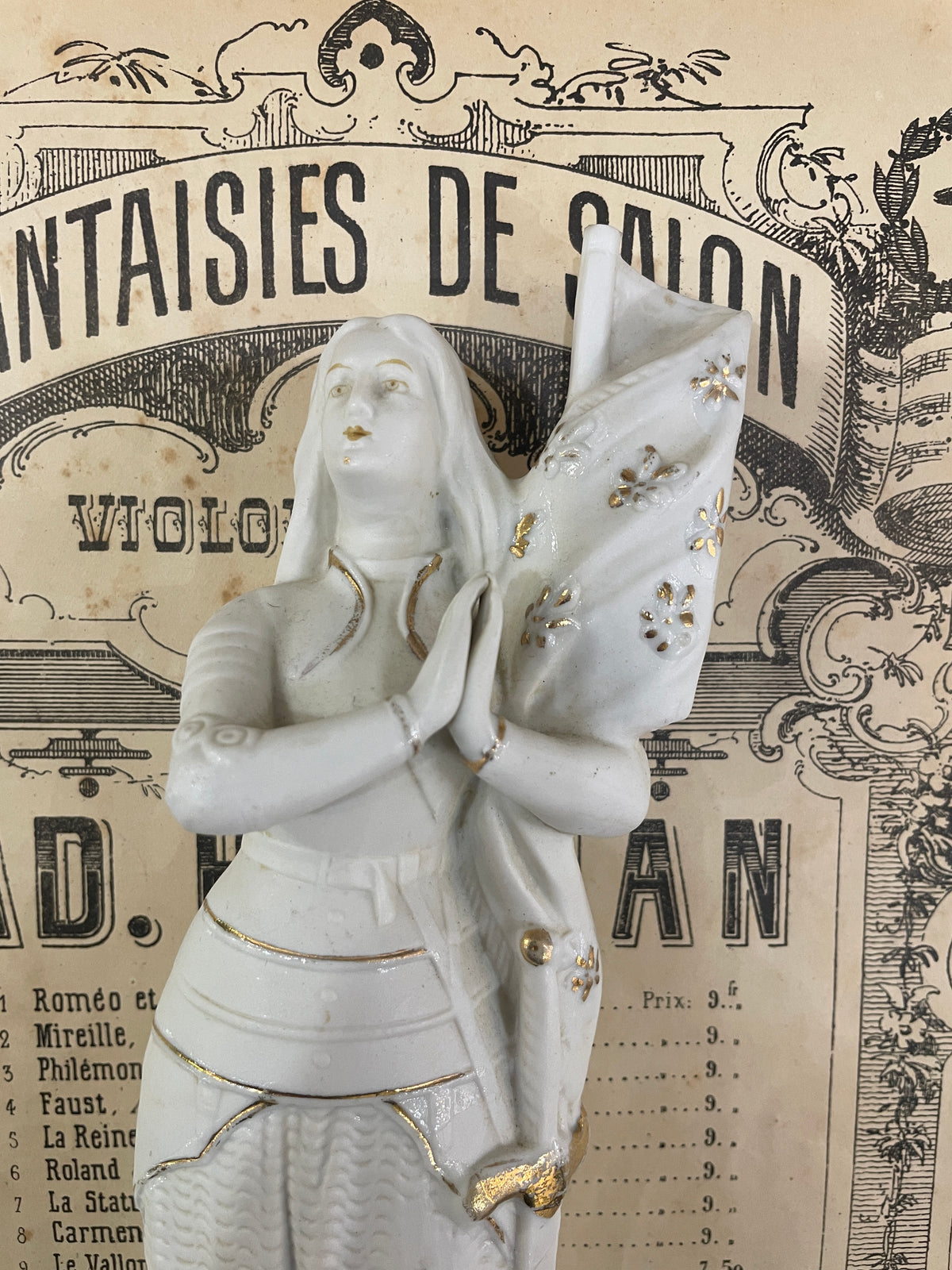 Rare Antique French St Joan of Arc Biscuit Porcelain Statue Dieu Le Veut c1920