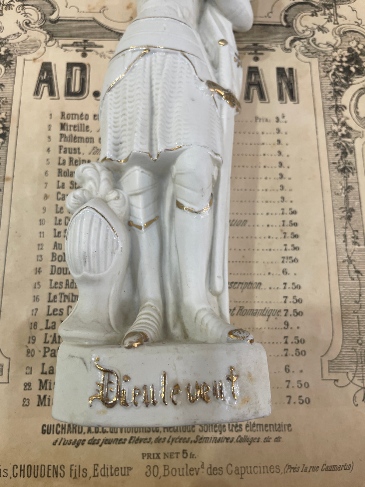 Rare Antique French St Joan of Arc Biscuit Porcelain Statue Dieu Le Veut c1920