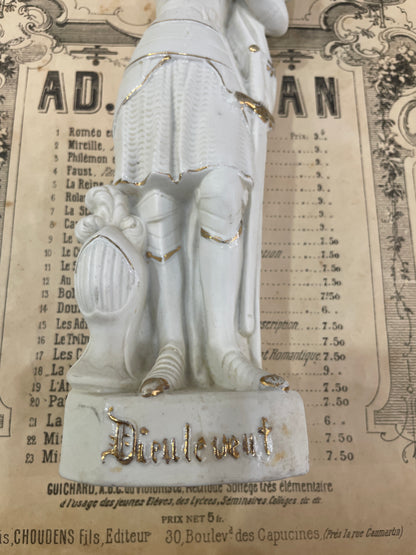Rare Antique French St Joan of Arc Biscuit Porcelain Statue Dieu Le Veut c1920